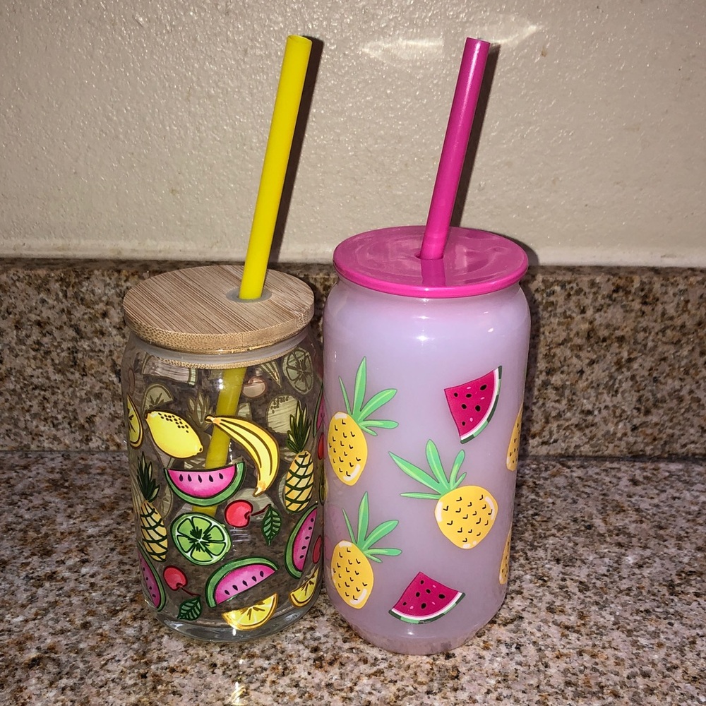 Fruit Print Mason Style Tumblers with Straws - Yellow & Pink